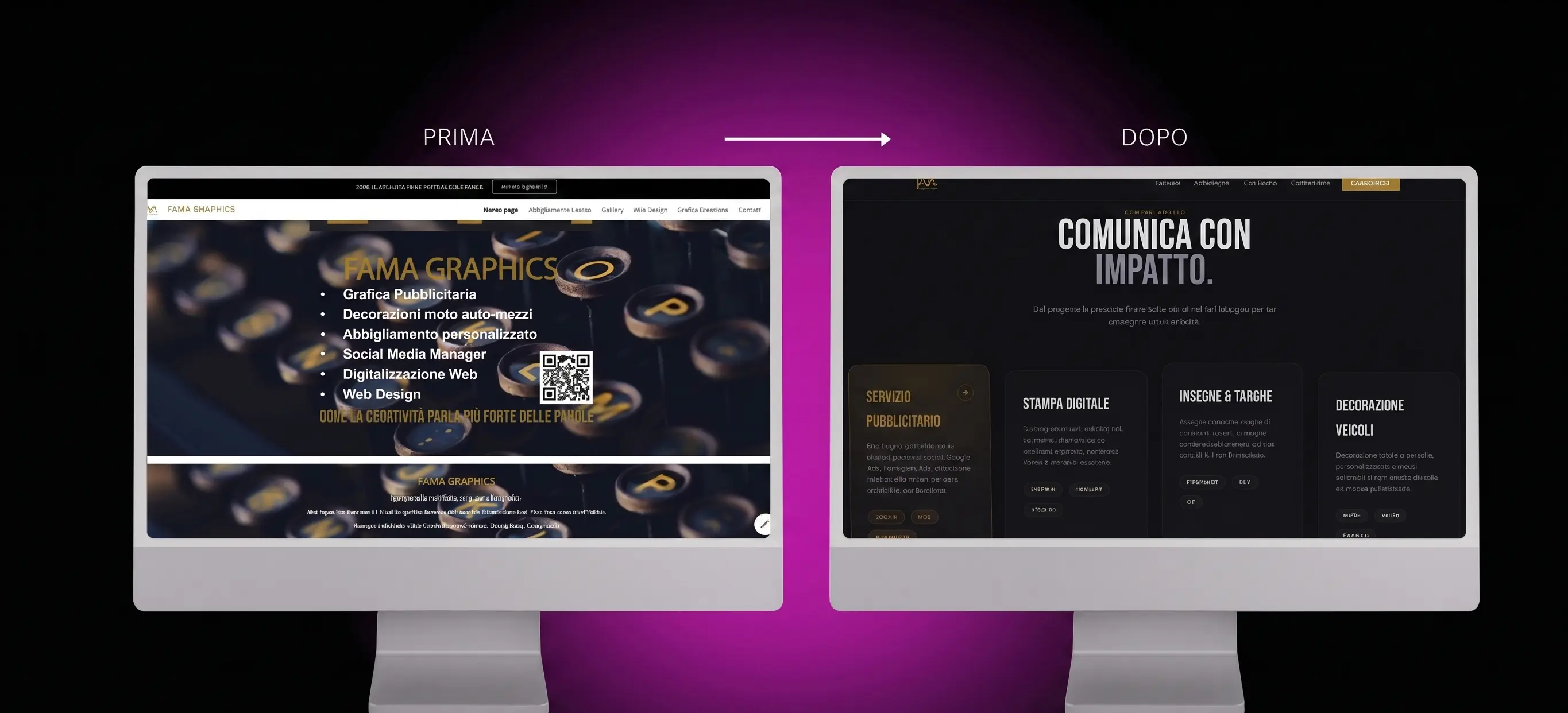 Confronto prima e dopo del sito Fama Graphics